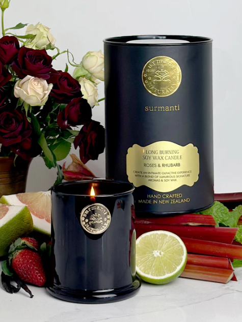 Surmanti Roses & Rhubarb Soy Long Burning Candles
